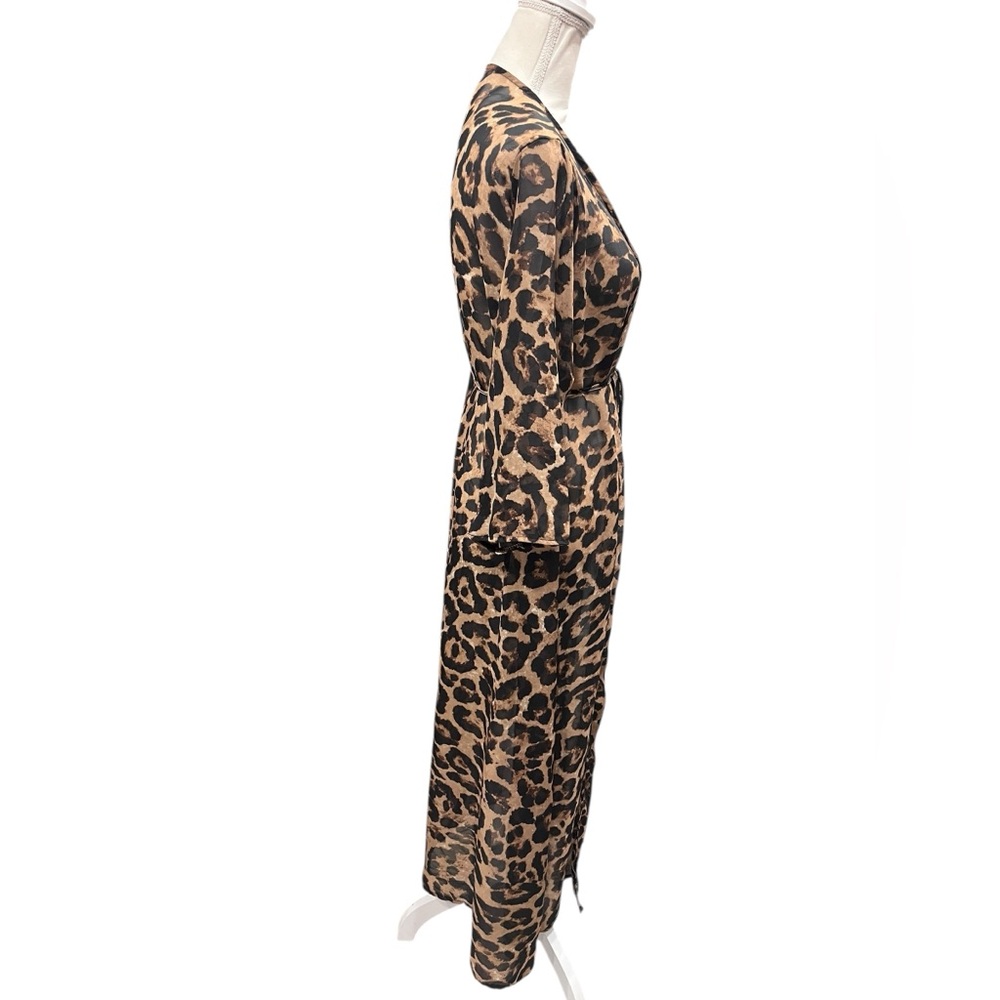 Leopard Print Sheer Duster Kimono Cardigan Tie Waist Boho Festival Large - Picture 3 of 6